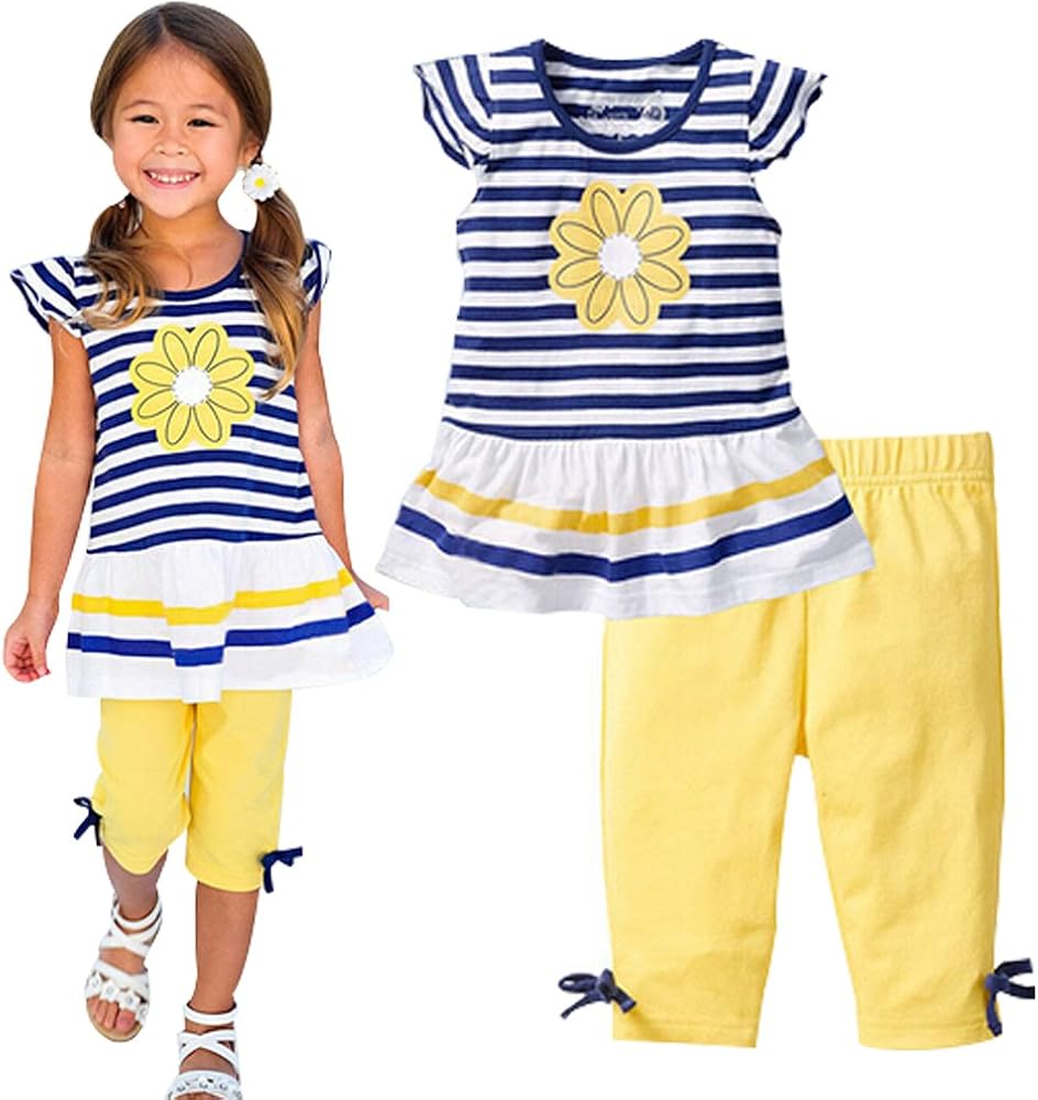 LUKYCILD Baby Girls Summer Clothes Casual Clothing Suit Short Sleeve Striped T-Shirt +Pants