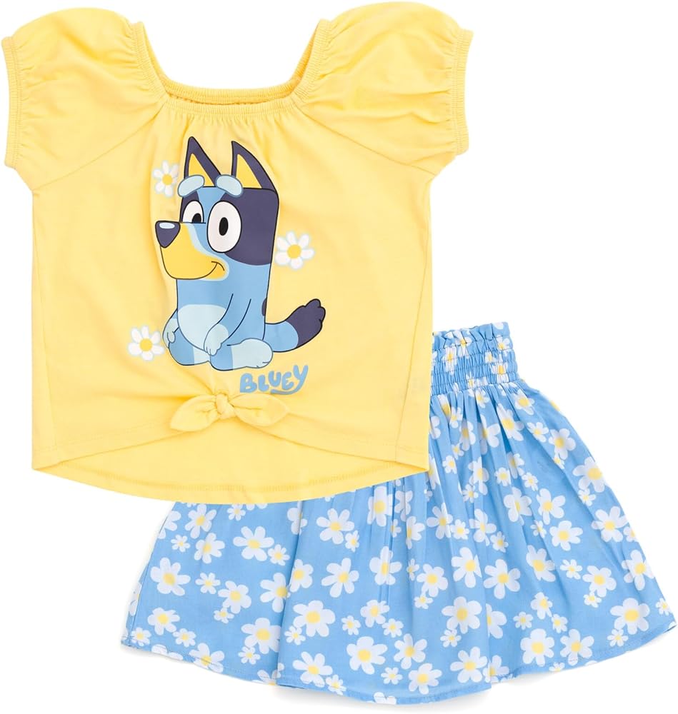 Bluey Girls Square Neck T-Shirt and Skirt Toddler to Big Kid Sizes (2T - 10-12)