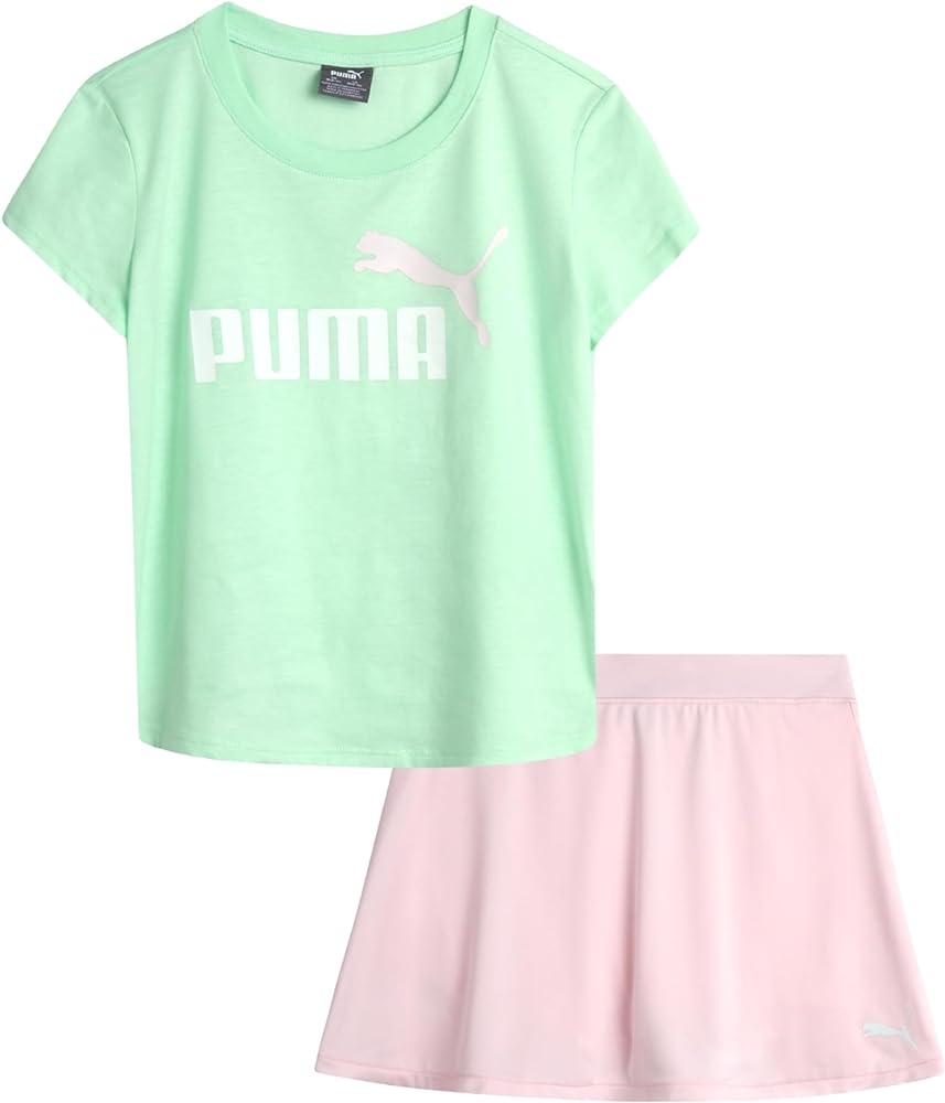 PUMA Girls Active Skirt Set- 2 Piece Active Skort and Short Sleeve Athletic T-Shirt - Sporty Girls Summer Outfits Set (S-L)