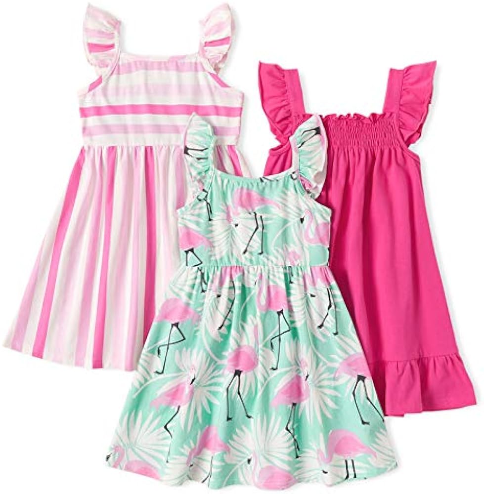 PATPAT Multipack Girl Toddler Dresses Sleeveless Flamingo Striped Toddler Casual Dresses Multicoloured