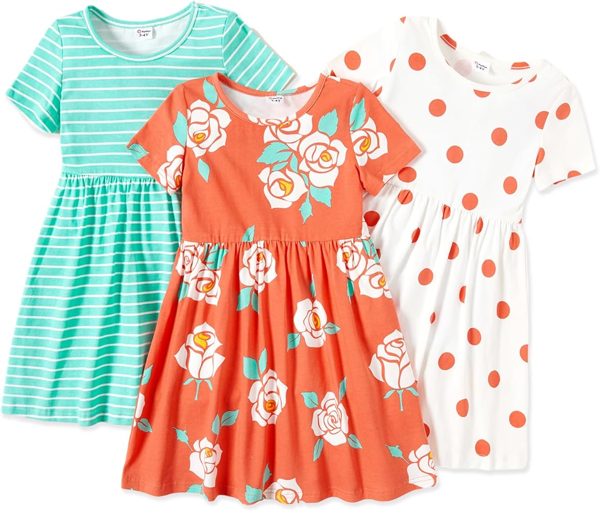 PATPAT Toddler Girl's Floral Summer Skater Multipack Dresses Casual Short Sleeve Dress Set 2-7 Years