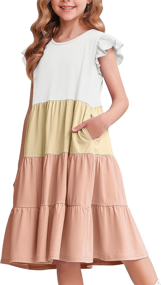 Arshiner Girl's Summer Dresses Ruffle Sleeve Tiered Swing Midi Casual Sundress with Pockets