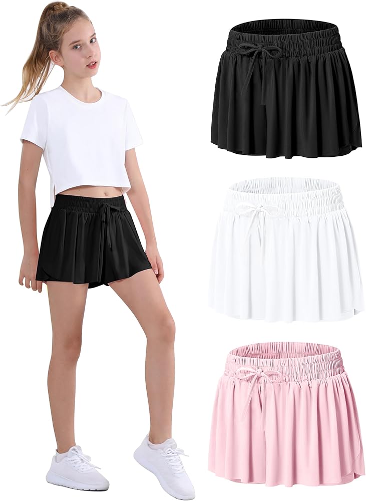 EXARUS Girls Butterfly Shorts Flowy Athletic 2 in 1 Tennis Gym Cheer Skirt Skort Dance Running Preppy Clothes 2-14Y