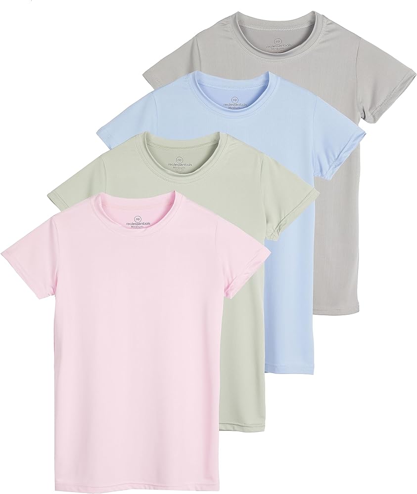 Real Essentials 4 Pack: Girls Short Sleeve Dry-Fit Crew Neck Active Athletic Performance T-Shirt