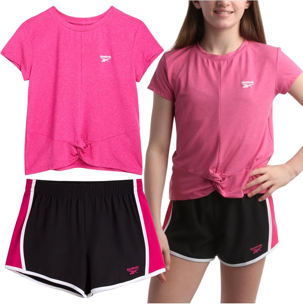 Reebok Girls' Shorts Set - 2 Piece Short Sleeve T-Shirt and Soft Woven Athletic Shorts - Summer Activewear for Girls (7-12)