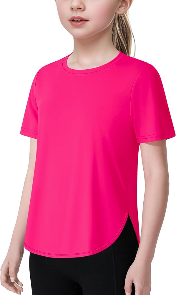 Girls Athletic Shirts Short Sleeve Dry-Fit T-Shirt UPF 50+ Basic Tee Tops for Kids Teens Sports Activewear