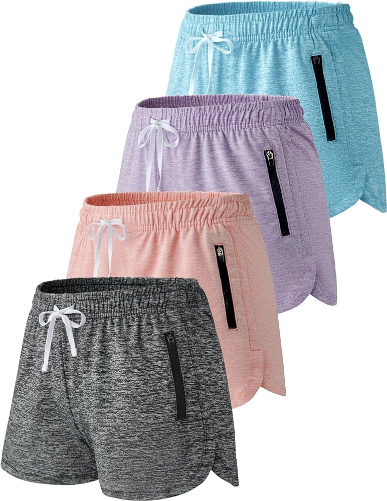 4 Pack Youth Girls Athletic Shorts 3", Girls Soccer Shorts, Kids Workout Gym Clothes Activewear Apparel with Zipper Pockets