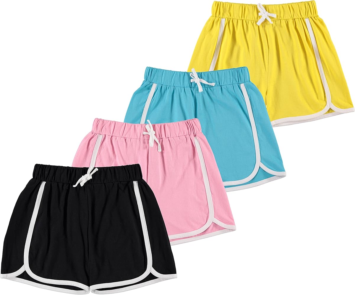 Pink Angel 4 Piece Dolphin Shorts for Girls, Running, Gym Workout Shorts for Kids, Activewear Drawstring Cotton Shorts