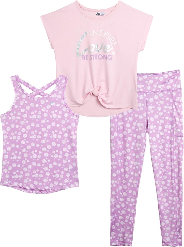 RBX Girls' Activewear Set - Short Sleeve Performance T-Shirt, Tank Top, and Capri Leggings (7-12)