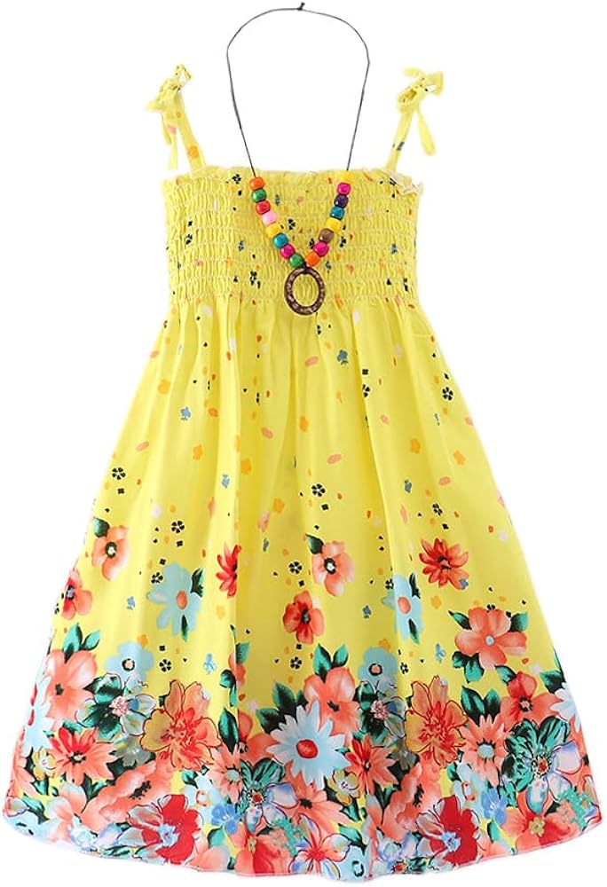 Girls Bohemian Dresses Floral Sleeveless Rainbow Beach Sundress with Necklace 2-12T