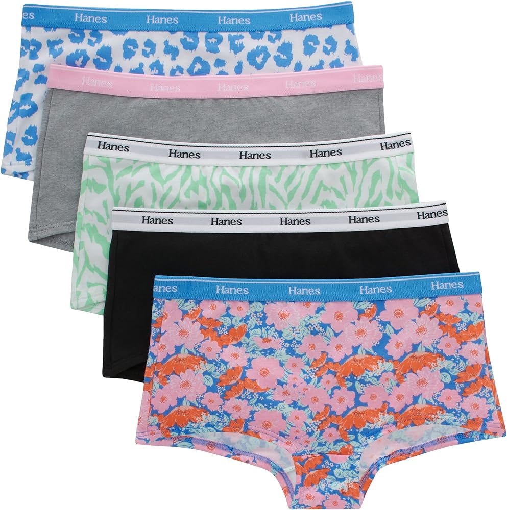 Hanes Originals Girls Boyshorts & Hipsters, Moisture-Wicking Cotton Stretch Underwear, Assorted 5-Pack