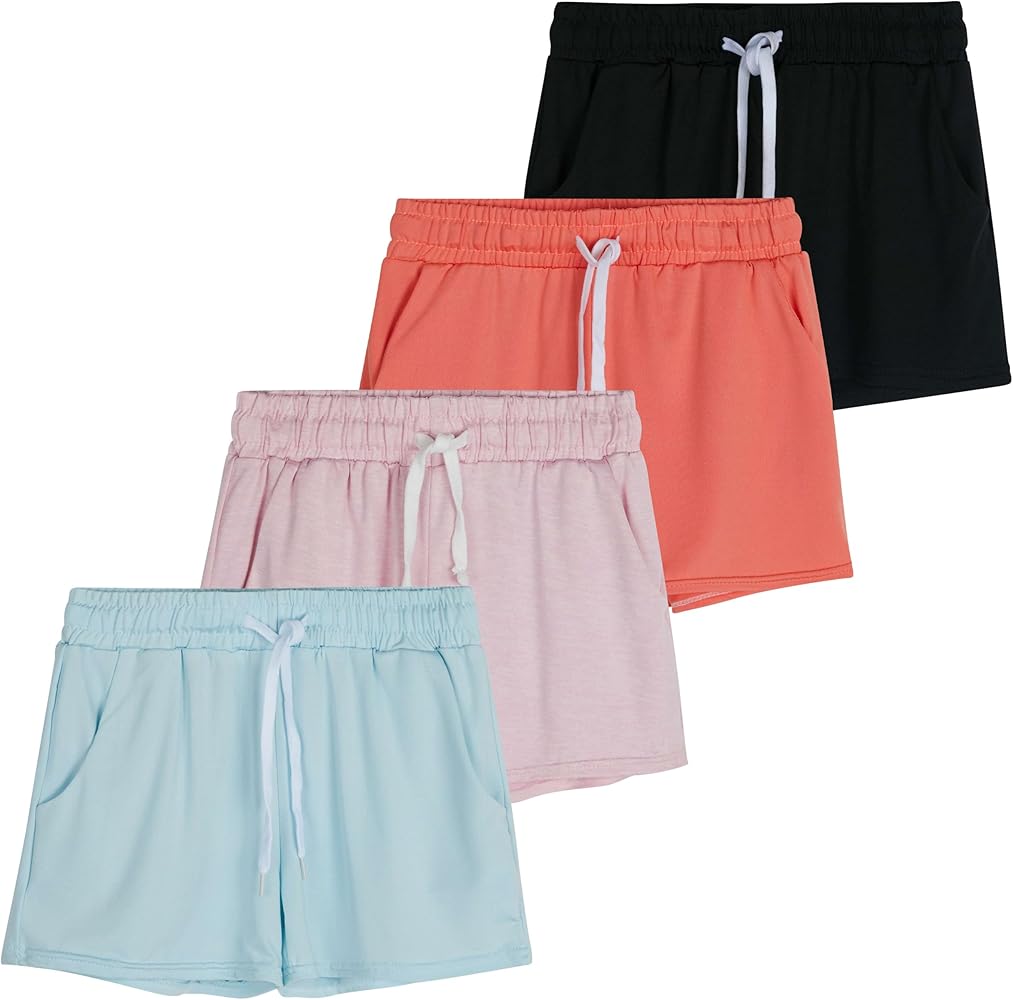 Real Essentials 4 Pack: Girls Athletic Performance Dry-Fit Running Shorts with Drawstring & Pockets