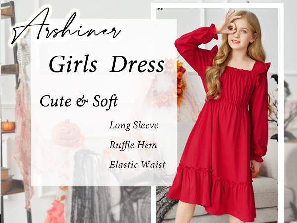 Arshiner girls long sleeve ruffle hem fall winter dress