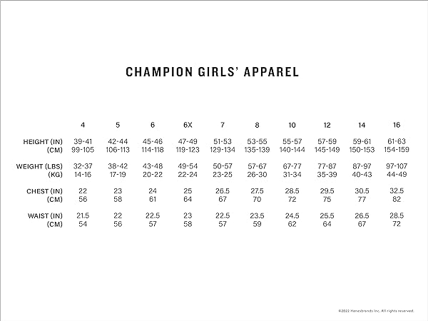 champion girls size chart