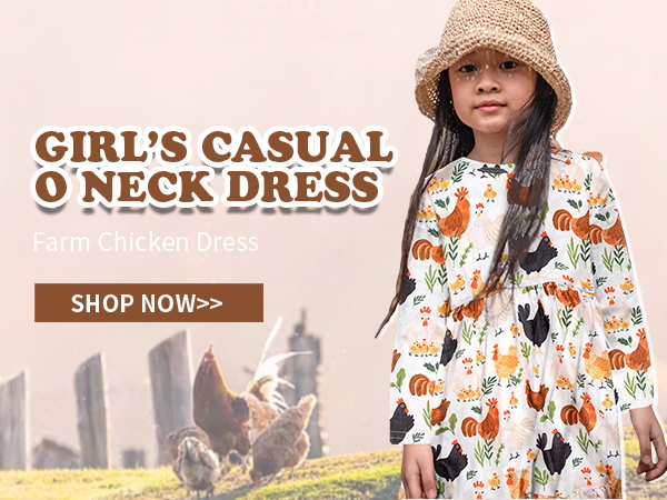 Thanksgiving Dress Girls Farm Chicken Graphic Sundress Loose Casual Long Sleeve Ruffle Dresses