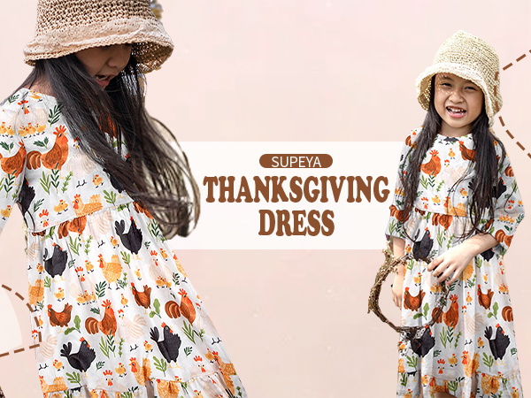 Thanksgiving Dress Girls Farm Chicken Graphic Sundress Loose Casual Long Sleeve Ruffle Dresses