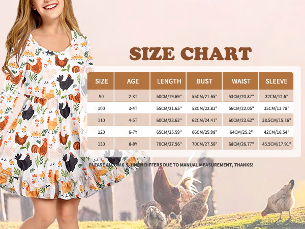 Thanksgiving Dress Girls Farm Chicken Graphic Sundress Loose Casual Long Sleeve Ruffle Dresses