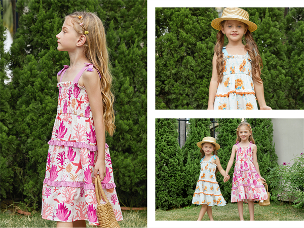 PATPAT Girl''s Hawaiian Dress Beach Casual Floral Print Smocked Sleeveless Sundress A-line Dresses