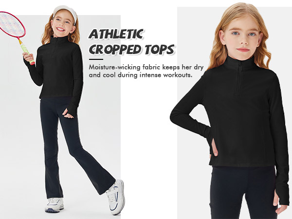 Girls Half Zip Pullover Sweatshirt Kids Long Sleeve Workout Shirts Mock Neck Athletic Cropped Tops