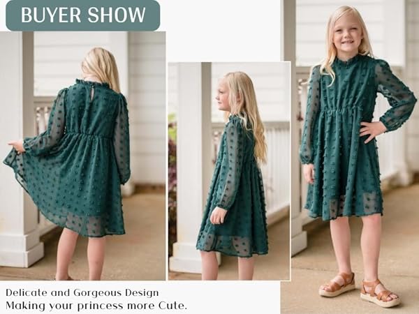 Girls Dresses Swiss Dot Flared Sleeve Ruffle Collar Party Dress Casual Midi Dress for Kids