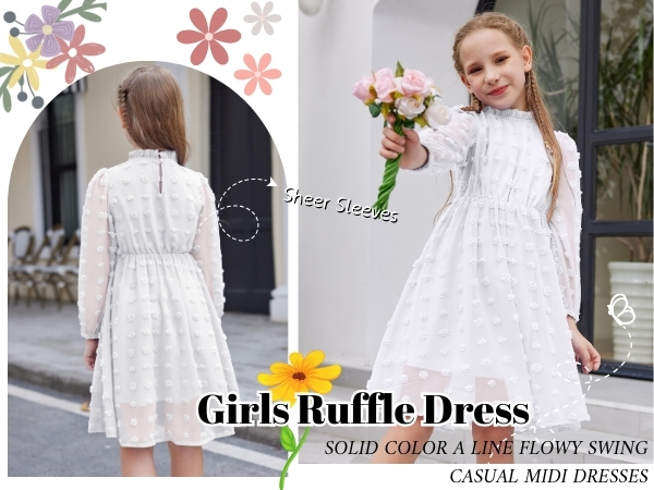 Girls Dresses Swiss Dot Flared Sleeve Ruffle Collar Party Dress