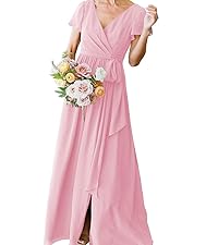 Short Sleeve Bridesmaid Dresses Long Chiffon V Neck Bohemian Formal Dress with Slit