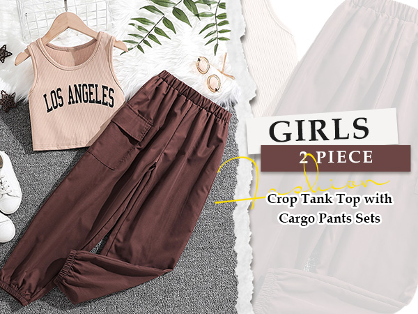 2 Piece Outfit Letter Graphic Print Rib Knit Crop Tank Top with Cargo Pants Sets