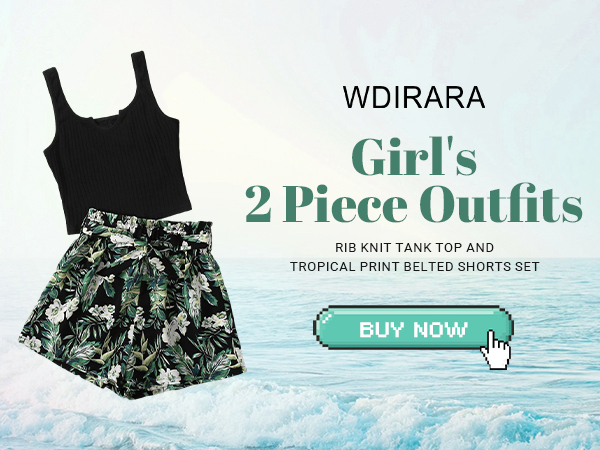 Girl''s 2 Piece Outfits Rib Knit Tank Top and Tropical Print Belted Shorts Set