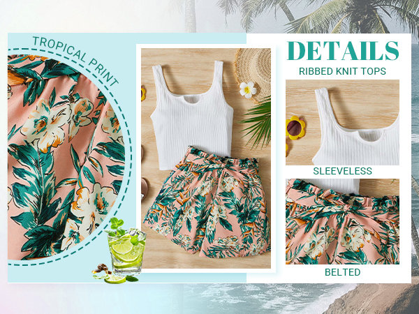 Girl''s 2 Piece Outfits Rib Knit Tank Top and Tropical Print Belted Shorts Set