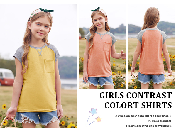 Girls Summer T Shirts Casual Cap Sleeve Crewneck Raglan Tops with Pocket