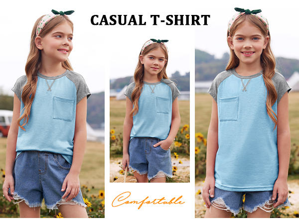 Girls Summer T Shirts Casual Cap Sleeve Crewneck Raglan Tops with Pocket