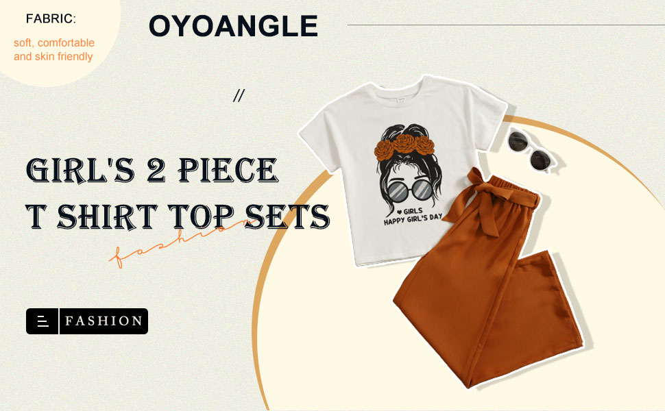 OYOANGLE Girl''s 2 Piece Outfits Floral Print Short Sleeve Blouse T Shirt Top and Belted Pants Sets