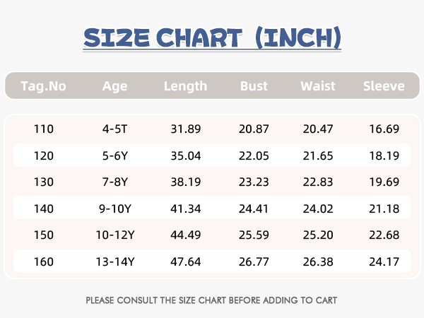 size chart of gilrs dress