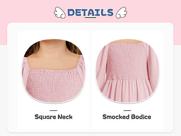 square neck, smocked bodice