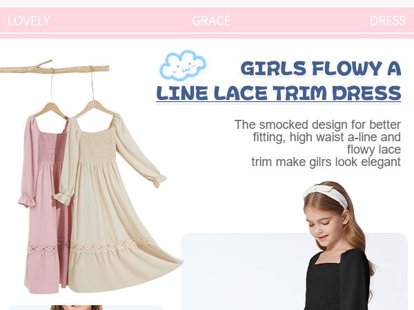 girls flowy a-line lace trim dress