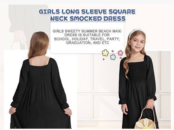 girls square neck long sleeve dress