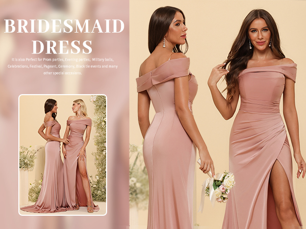 Off the Shoulder Satin Bridesmaid Dress & Prom Dress