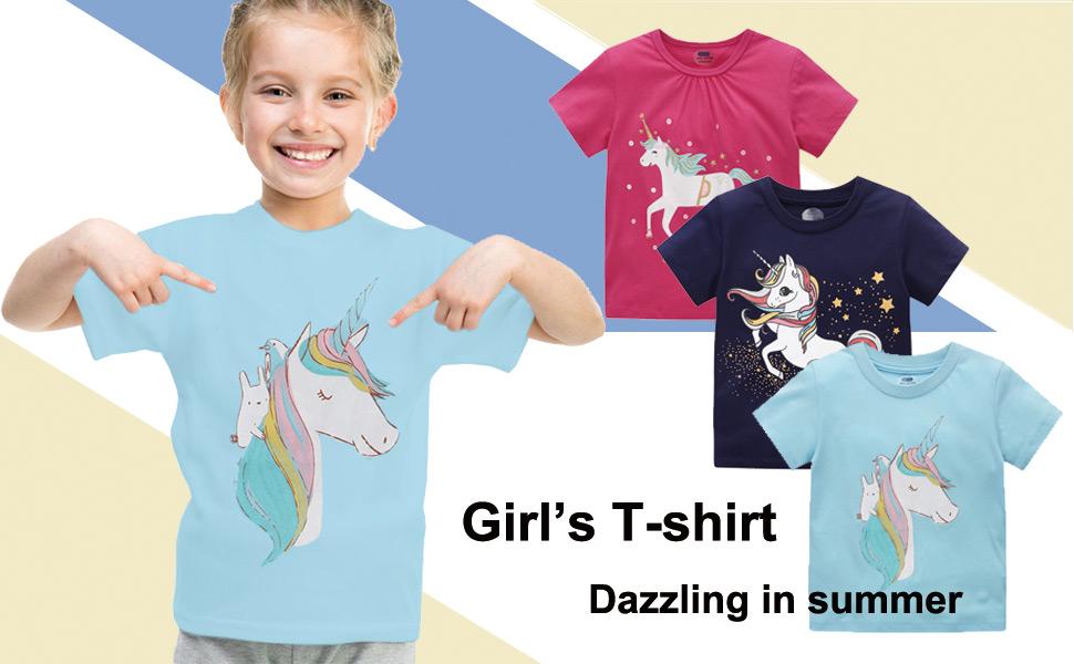 Girls Short Sleeve Shirt Toddler Crewneck Tops Unicorn Tee Summer Outfits Clothes 3 Piece 