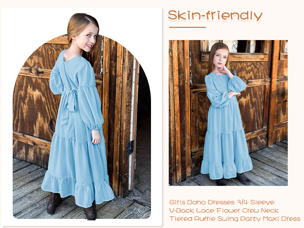 Girls Boho Maxi Dress 3/4 Sleeve V-Back Lace Flower Crew Neck Tiered Ruffle Dresses