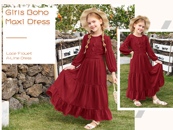 Girls Boho Maxi Dress 3/4 Sleeve V-Back Lace Flower Crew Neck Tiered Ruffle Dresses