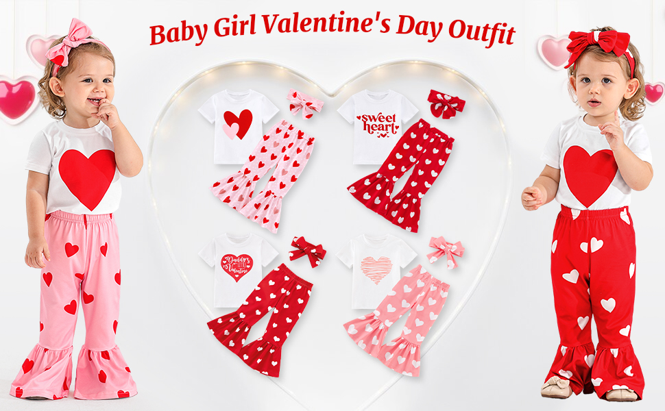 baby girls valentine''s day outfit cotton t-shirt bell bottom pants clothes set