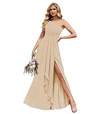 Chiffon One Shoulder Bridesmaid Dresses Slit Long Ruched A Line Formal Evening Dress Pockets