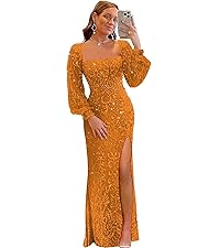 Sequin Mermaid Prom Dresses Puffy Sleeves Long Slit Formal Evening Gowns