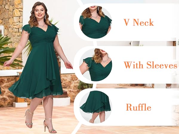 Short Chiffon Bridesmaid Dresses V Neck Flutter Sleeves Ruffle Formal Prom Dress