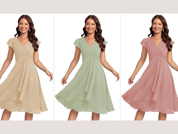 Short Chiffon Bridesmaid Dresses V Neck Flutter Sleeves Ruffle Formal Prom Dress