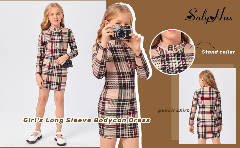 SOLY HUX Girl''s Plaid Mock Neck Long Sleeve Bodycon Short Dress