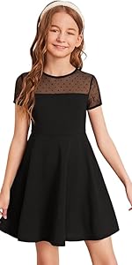 Girl&amp;amp;#39;s Contrast Mesh Short Sleeve High Waist Flared A Line Short Dress