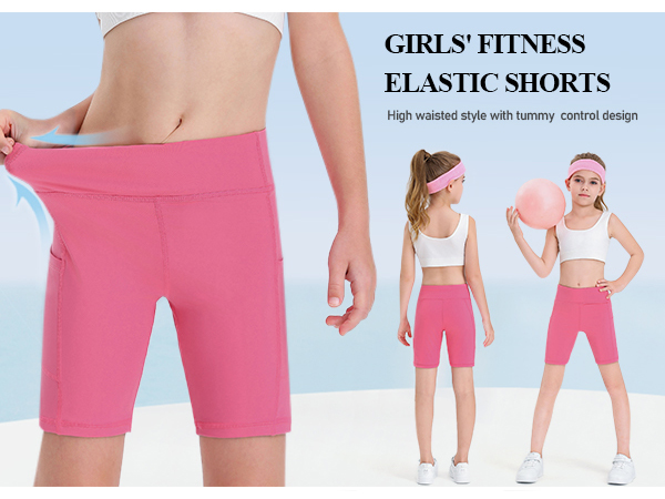 Girls Workout Yoga Shorts Athletic Running Gym Spandex Stretch Biker Shorts with 2 Pockets