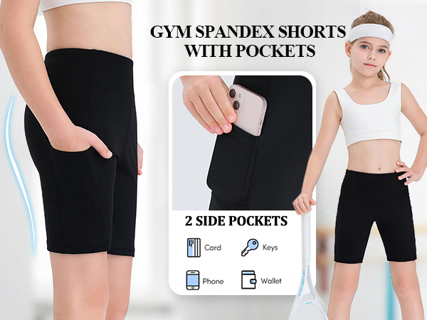 Girls Workout Shorts Light Compression High Waisted Yoga Spandex Volleyball Biker Shorts 3 Pockets