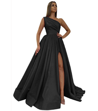 One Shoulder Prom Dresses Long Split Ball Gown Ruched Satin Formal Evening Dresses for Women